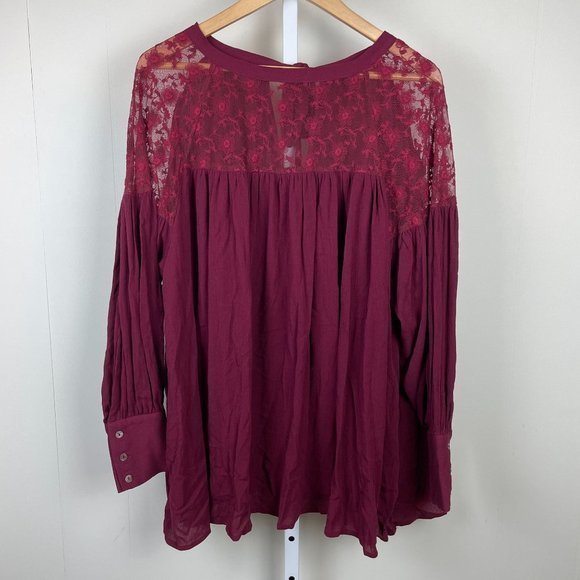 Andthewhy‎ Top Blouse Womens Small Maroon Red Lace Trim Balloon Sleeve Rayon - Picture 2 of 7